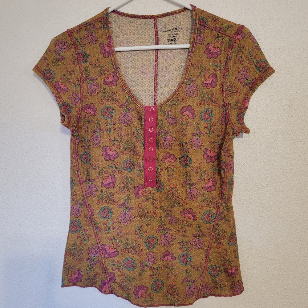 NATURAL LIFE Mustard Floral Short Sleeve Tee with Pink Trim